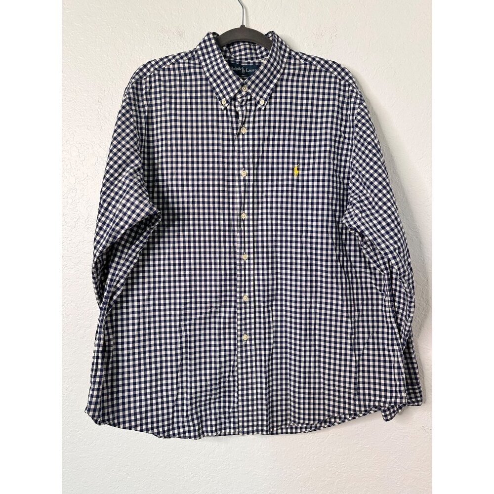 Ralph Lauren Shirt Men's 2XL Blue White Ckeck Custom Fit Long Sleeve Logo Pony